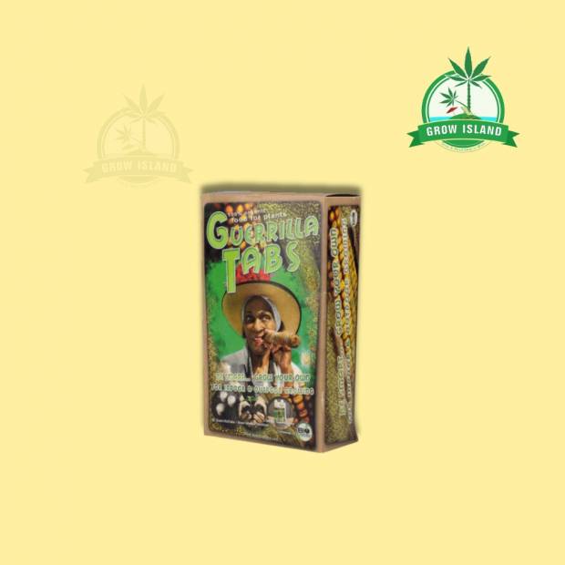 BioTabs Guerilla Box one lady with hat and big joint in her hand, with yellow background and green Grow Island logo in the right upper corner