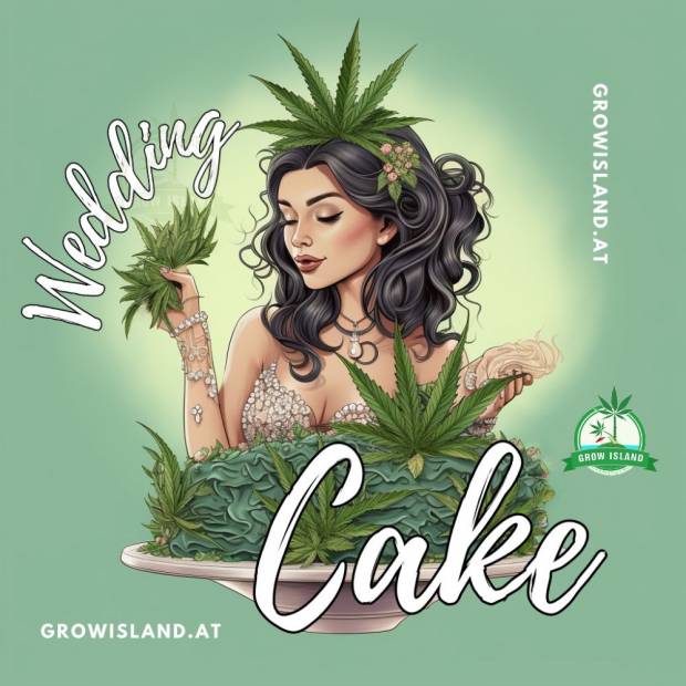 Wedding Cake logo black haired women in white dress with a green cannabis cake