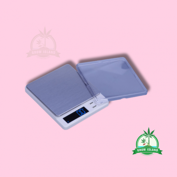 G Scale GX Mérleg 500 g - 0,01 g scale with pink background and green Grow Island logo in the right corner