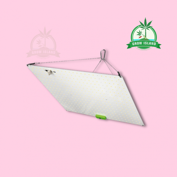 HortiLight Litha S QBoart 2.3 LED dual spectrum 150W with pink background and green Grow Island logo in the right upper corner