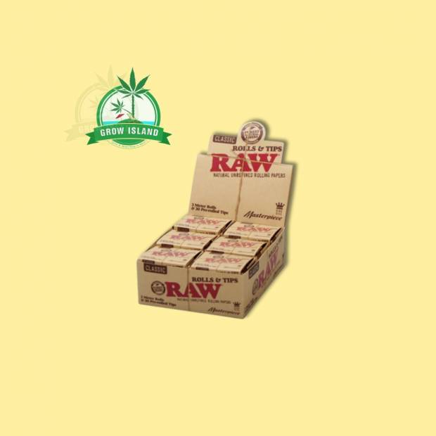 RAW Masterpiece Rolls + Tips in bigger box 12 pieces with yellow background and green Grow Island logo in the left upper corner