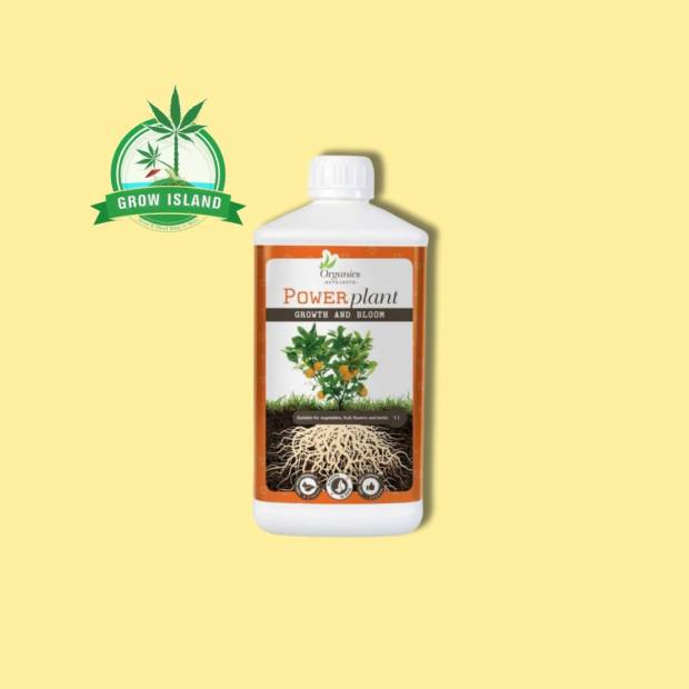 Power Plant from Organics Nutrients 1L black bottle with yellow background and green Grow Island logo in the right upper corner
