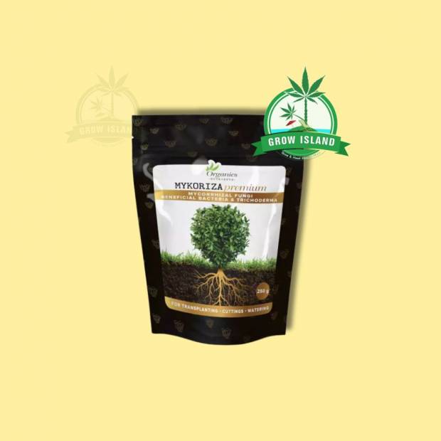 Mykoriza Premium from Organics Nutrients with yellow background and green grow Island logo in the right upper corner