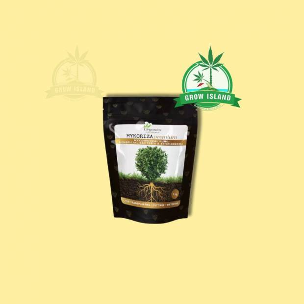 Mykoriza Premium from Organics Nutrients with yellow background and green grow Island logo in the right upper corner