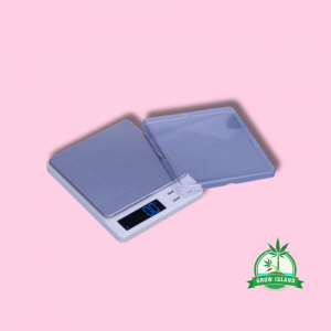 G Scale GX Mérleg 500 g - 0,01 g scale with pink background and green Grow Island logo in the right corner