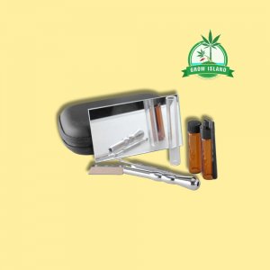 Snow Kit snorter case, a piece of mirror, storage, metal stool with yellow background and green Grow Island logo in the right upper corner