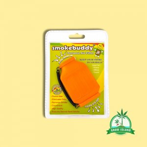 Smokebuddy Junior Orange personal air filter in original package with yellow background and green Grow Island logo in the right lower corner