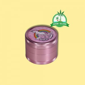 Pink Black Leaf Grinder with a unicorn and Bitch Bong text on it, with yellow background and green grow island logo in the right upper corner