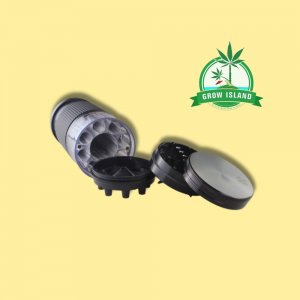 Black Leaf Cone Filler Grinder in four pieces with yellow background and green grow island logo in the right upper corner