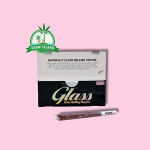Glass Clear Rolling Papers and a joint with hell rose background and green grow island logo in the left upper corner