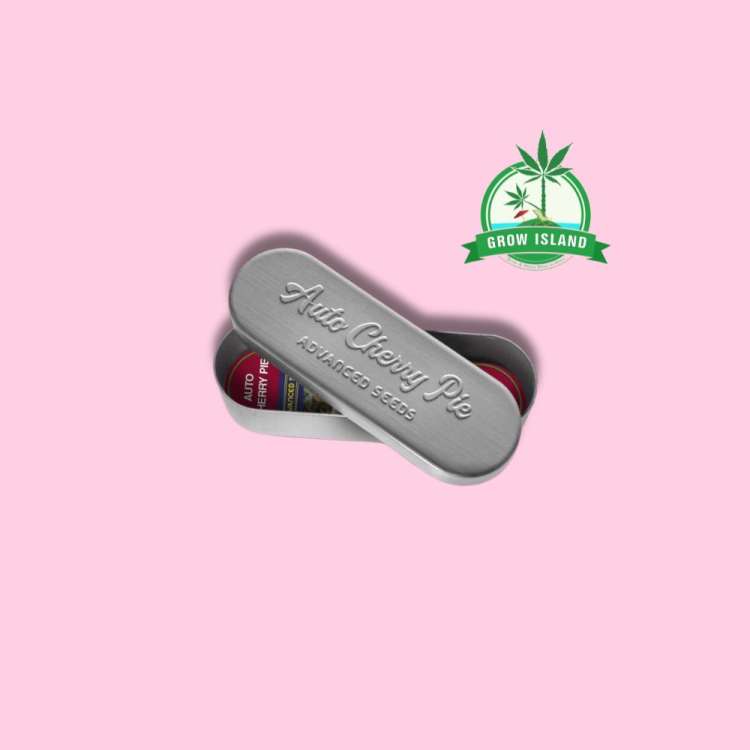 Advanced Seeds alumínium doboz magoknak élénk rózsaszín háttérrel és zöld Grow Island logóval a jobb felső sarokban