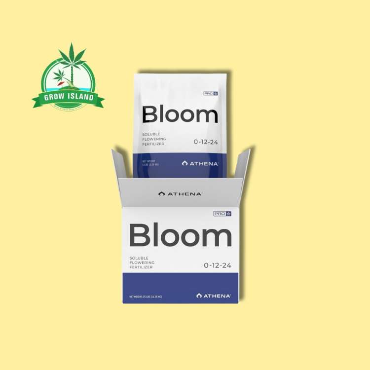 Athena Pro Line Bloom white bag in a white box with yellow background and a green Grow Island logo in the left upper corner