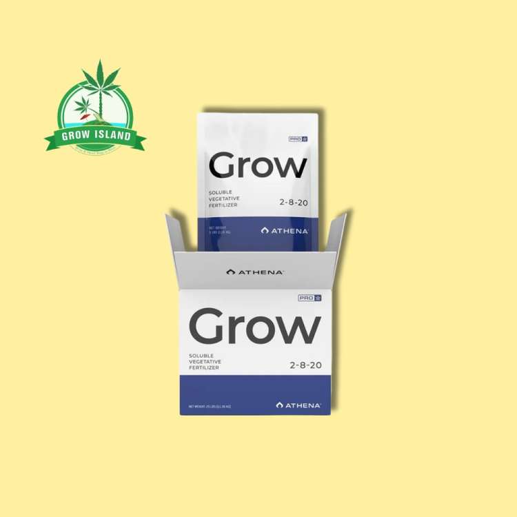 Athena Pro Line Grow white bag in a white box with yellow background and a green Grow Island logo in the left upper corner
