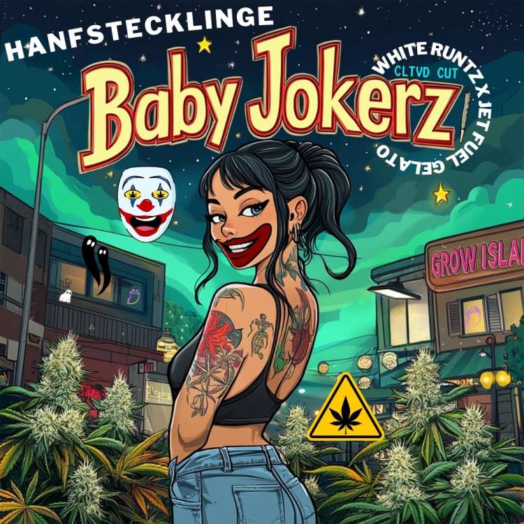 Baby Jokerz Illustration mit tätowierter Frau im Joker‑Make‑up, nächtlicher Stadtszene und Hanfblüten; White Runtz × Jet Fuel Gelato (CLTVD cut); Grow Island