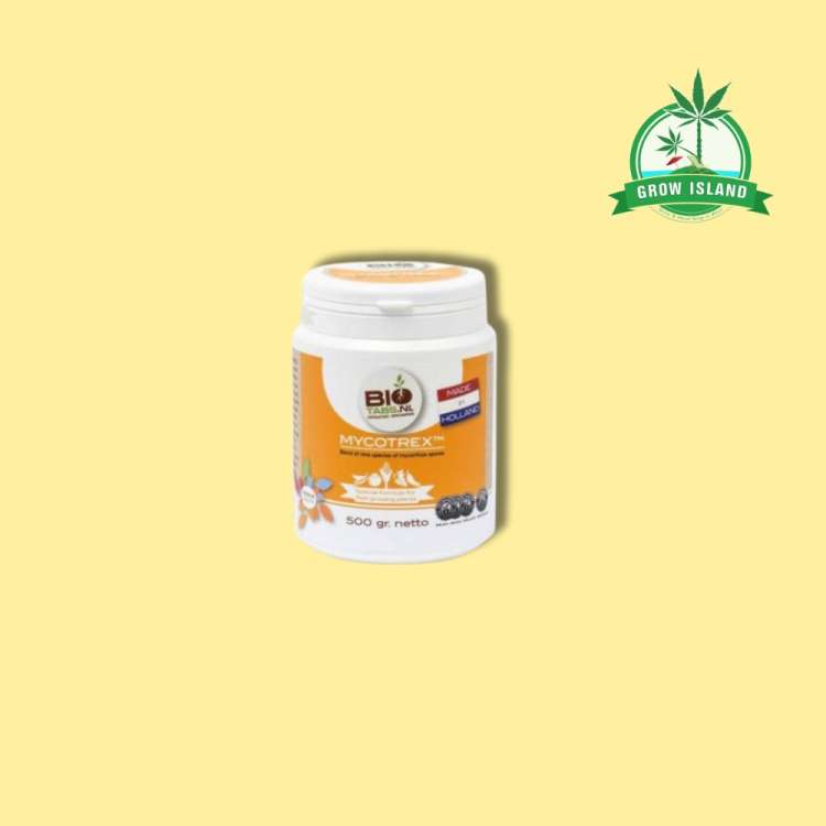 Bio Tabs Mycotrex 500 G white plastic jar with yellow background and green GrowIsland logo in the right upper corner