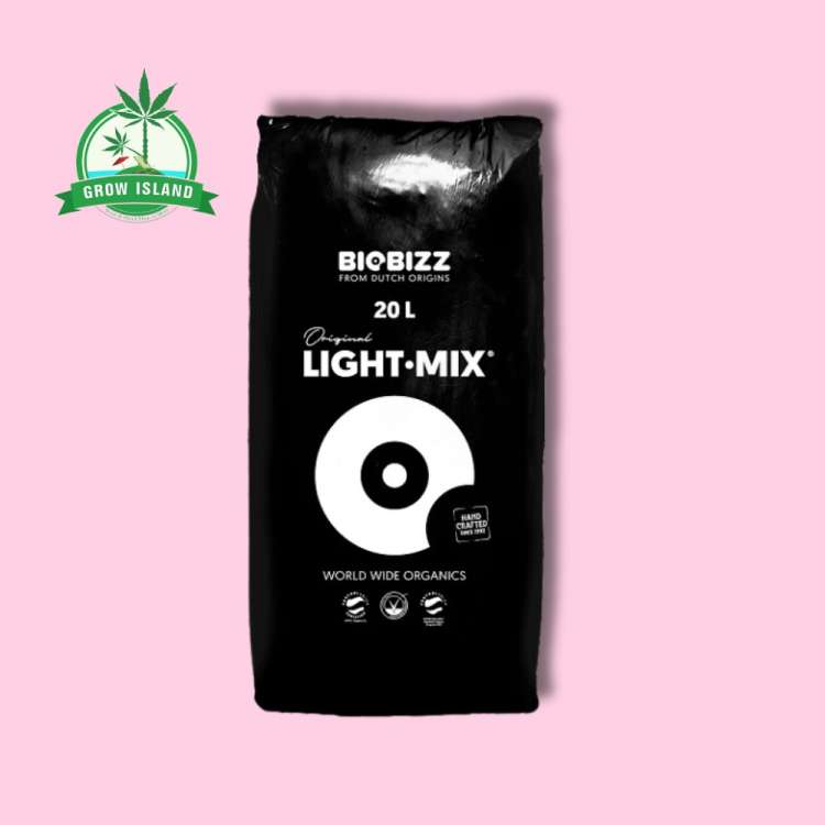 Biobizz Light-Mix, 20l black bag with pink background and green Grow Island logo in the left upper corner