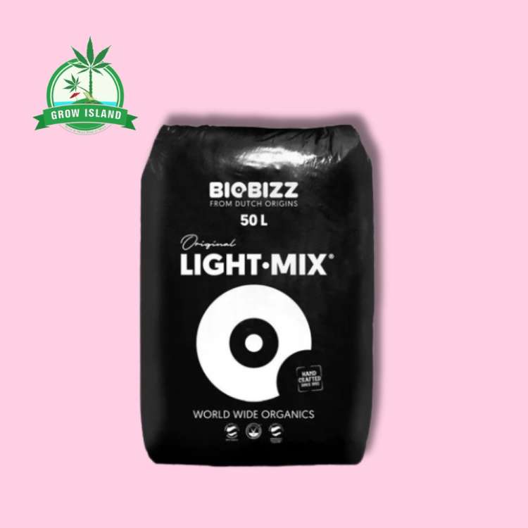 Biobizz Light-Mix, 50l black bag with pink background and green Grow Island logo in the left upper corner