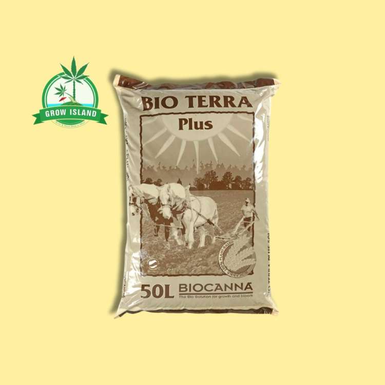 BIOCANNA - Bio Terra Plus brown bag with yellow background and green Grow ISland logo in the left upper corner