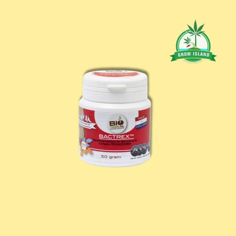 Bio Tabs Bactrex 50g in white box with yellow background and green Grow island logo in the right upper corner