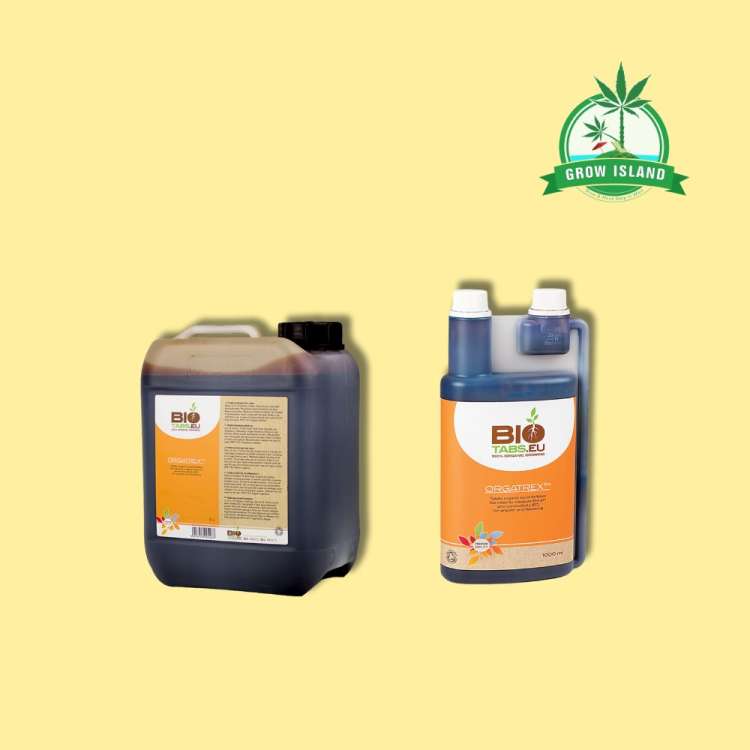Bio Tabs Orgatrex liquid in platic bottle two size 1l and 4l with yellow background and green GrowIsland logo in the right upper corner