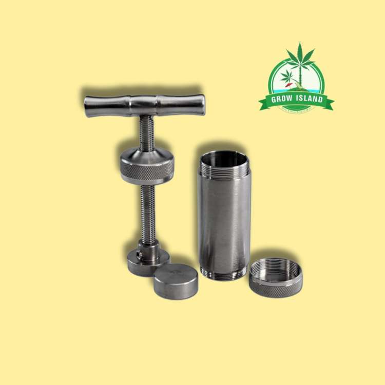 T-Press Pollen press M stainless steel in four pieces with yellow background and green Grow Island logo in the right upper corner