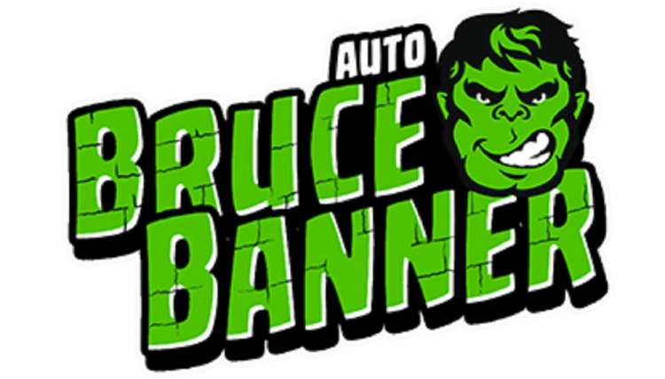 Bruce Banner Auto logo with green text and one hulk face on the right side