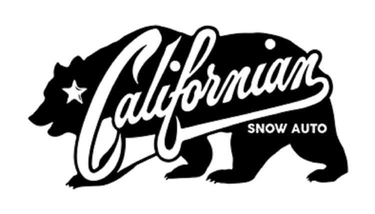 Californian Snow logo with white letters and one black bear in the background