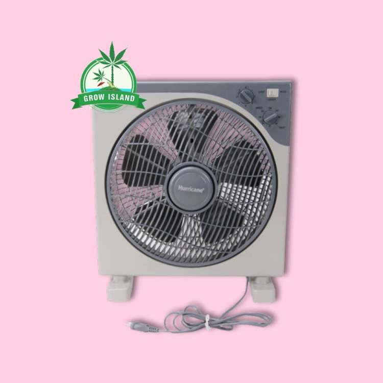 grey Cornwall RF40 boxvetilátor 40cm 50W with pink background and green Grow Island logo in the left upper corner