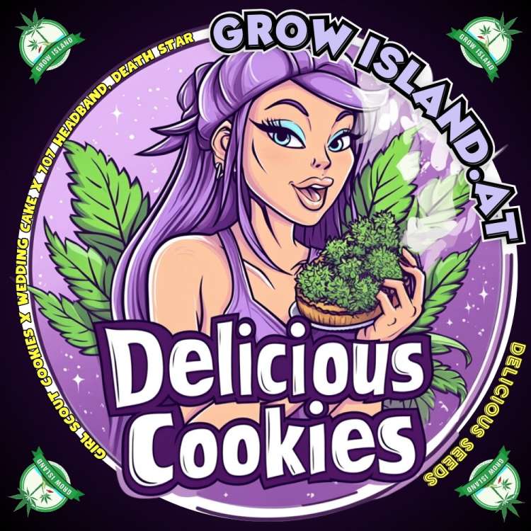 A purple-haired girl with purple lipstick and a purple hat stands in the center, holding a small bowl full of weed.