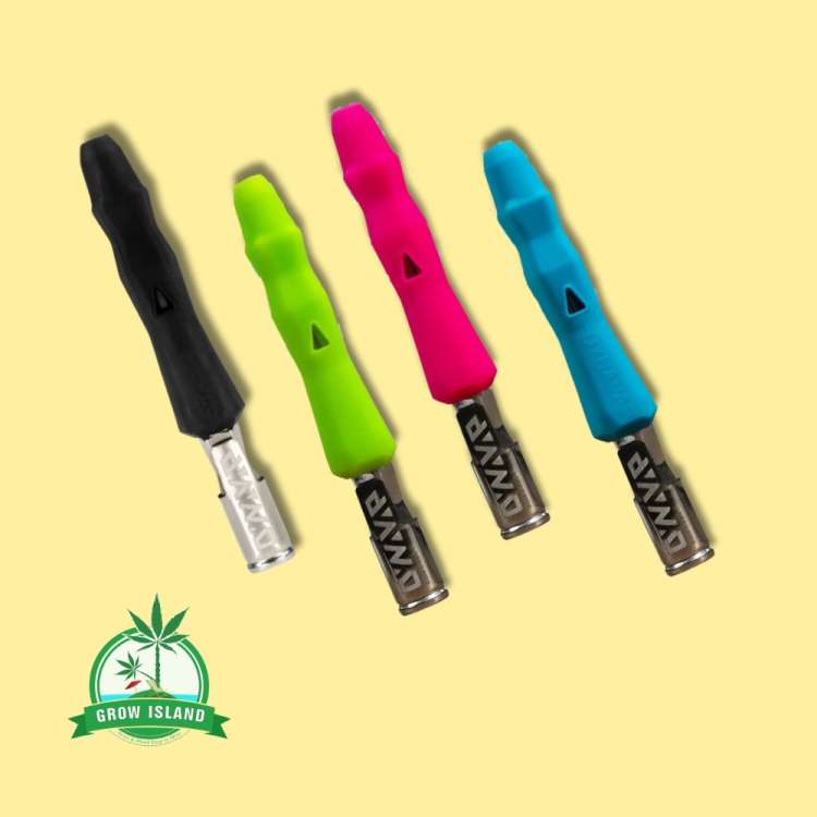 DynaVap VapCap The B four Vapes in colour black, green, pink, blue with yellow background and green GrowIsland logo in the lower left corner