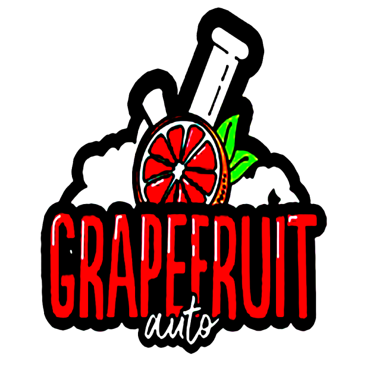 Grapefruit Auto logo with red text and one rel lemon slice