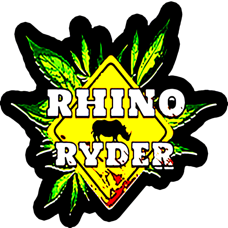 Rhino Ryder logo with a yellow trafic sign with rhinoceros and green cannabis feafl behind it