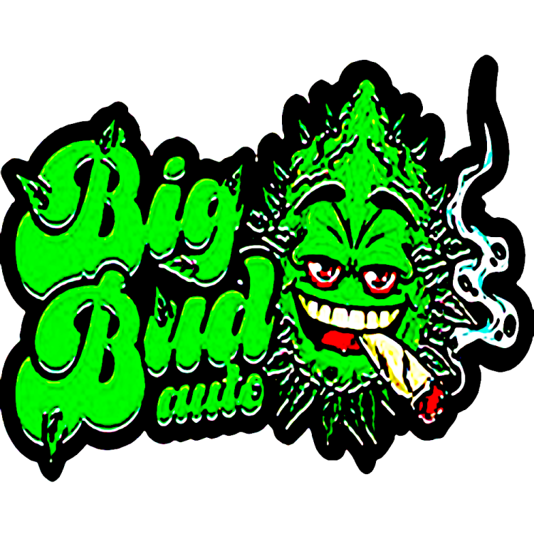 Original Big Bud logo with green text and one green face from hemp flower bud, who has a joint in the mouth