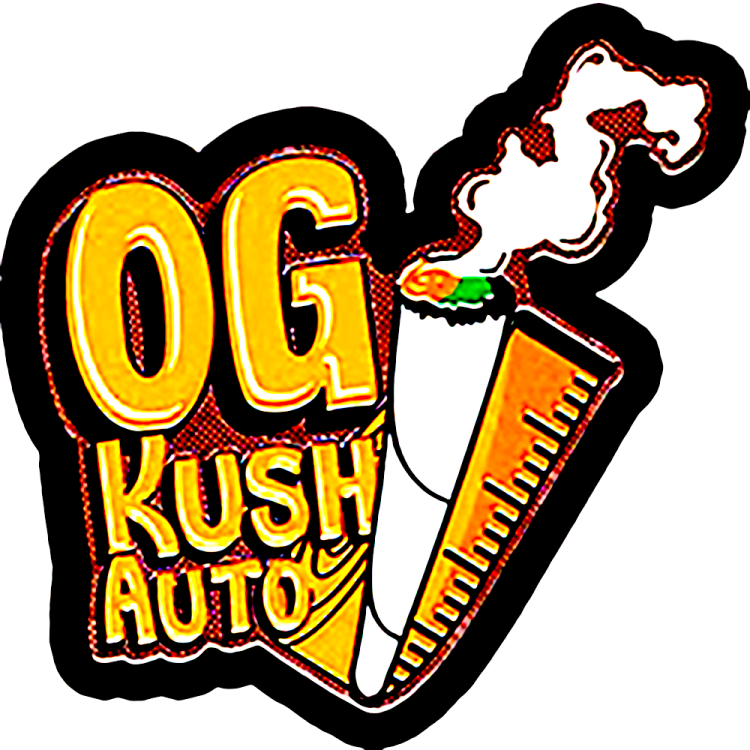 Original OG Kush with yellow text and one white joint on the right side of it