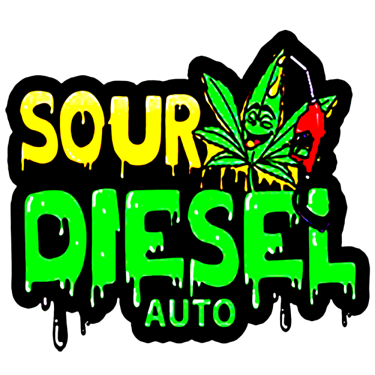 Original Sour Diesel logo with yellow and green text and one cannabis leaf on the right corner