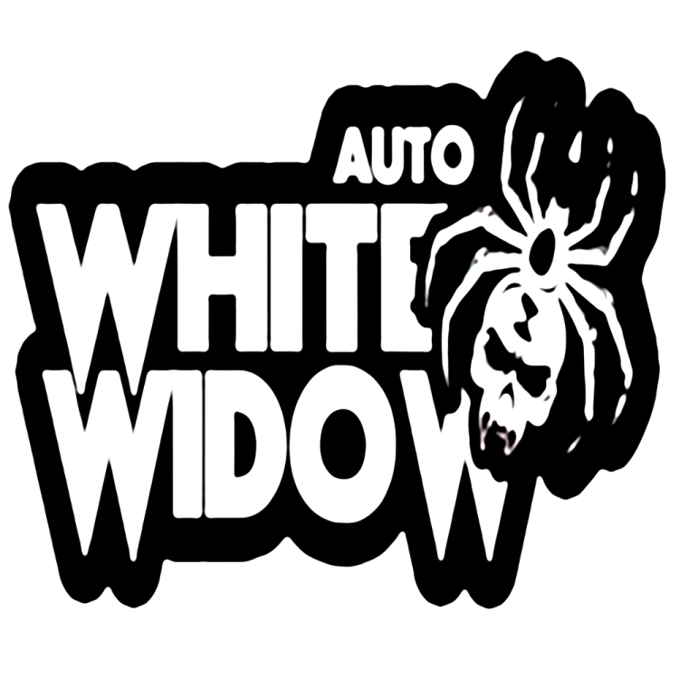 Original White Widow logo with a spider in the right corner