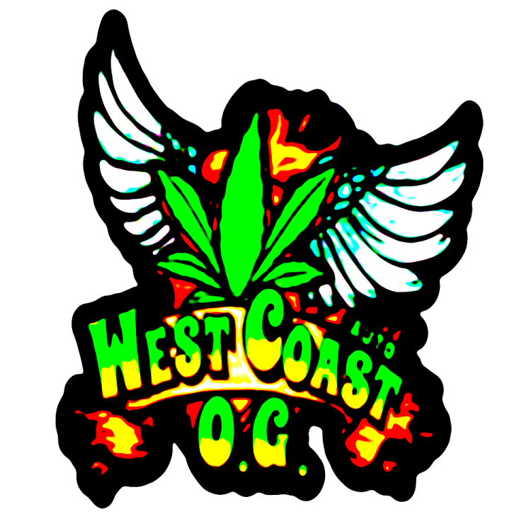 West Coast OG logo with yellow-green text and white wings behind it