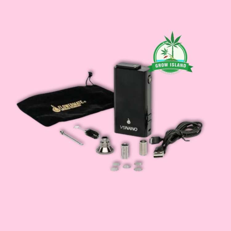 Flowermate V5 Nano Vaporizer set, all pieces with hell rose background and green grow island logo in the right upper corner