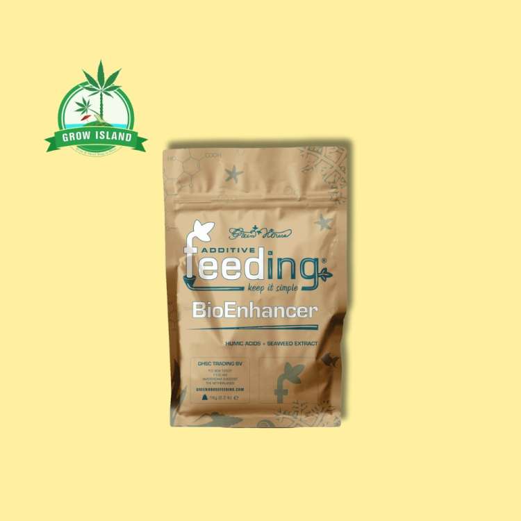 Green House Feeding Bio Enhancer brown  bag with yellow background and a green Grow Island logo in the left upper corner