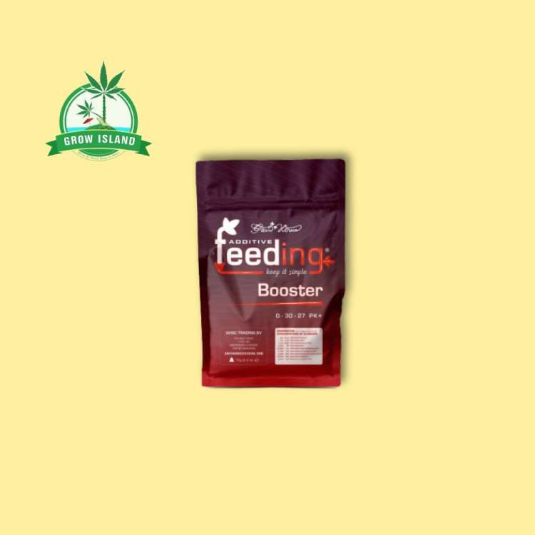 Green House Feeding Booster PK+ red bag with yellow background and a green Grow Island logo in the left upper corner