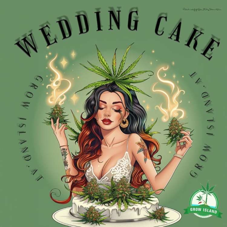 Wedding Cake logo, red haird lady in white dress standing behind a cannabis cake holding weed in each hands