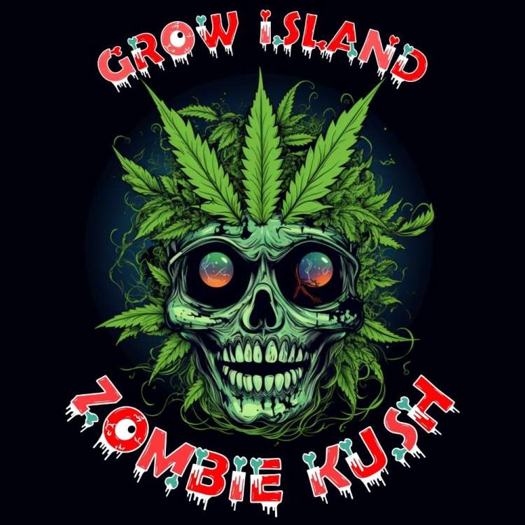 Zombie Kush logo, one green skull in cannabis leafs