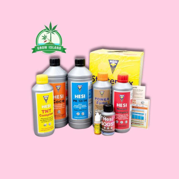 Hesi Starterbox for Coco, from left to right: TNT Complex, Coco, Pk 13/14, Power zyme, Root Complex, Boost, SuperVit, with hell rose background and green grow island logo in the right upper corner