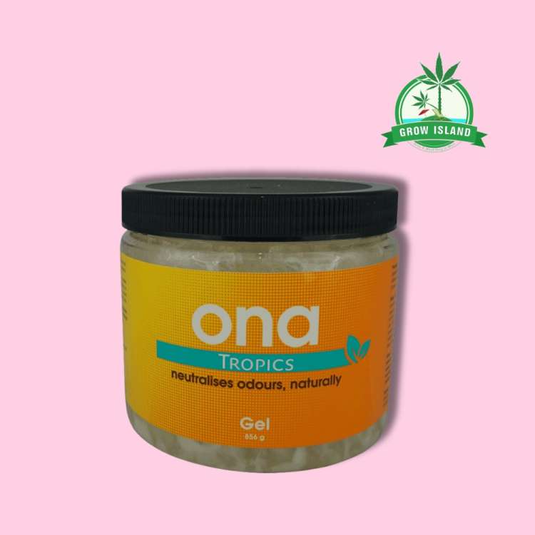 ONA Gel Tropics green plastic jar with pink background and green Grow Island logo in the right upper corner