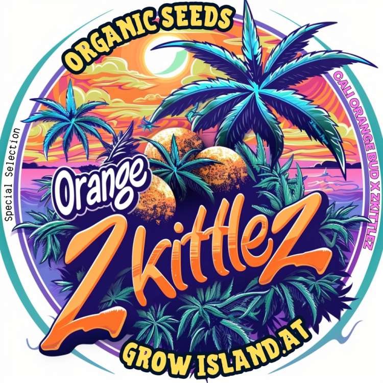 Orange Zkittlez logo, oranges between cannabis plant on an island