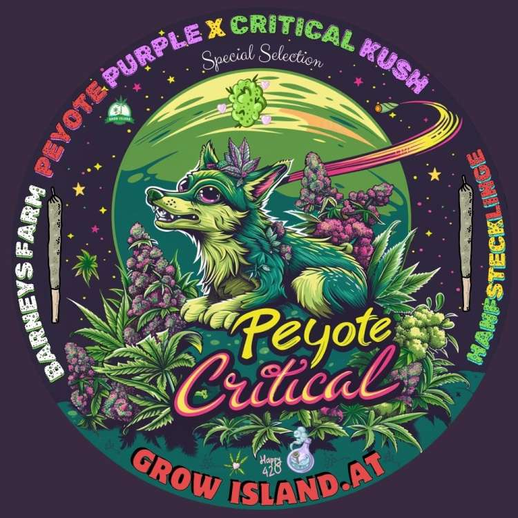 Peyote Critical logo, a green wolf on cannabis plants