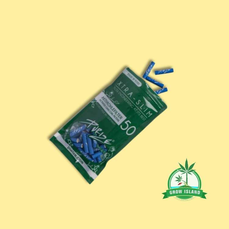 Purize Xtra slim blue filter with yellow background and green Grow Island logo in the right lower corner