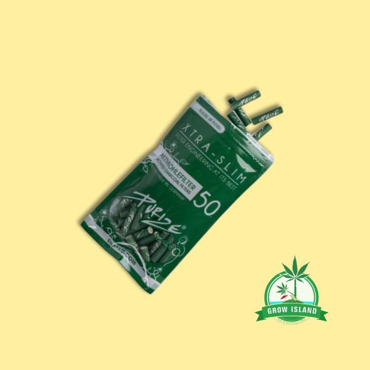 Purize Xtra slim Green filter with yellow background and green Grow Island logo in the right lower corner