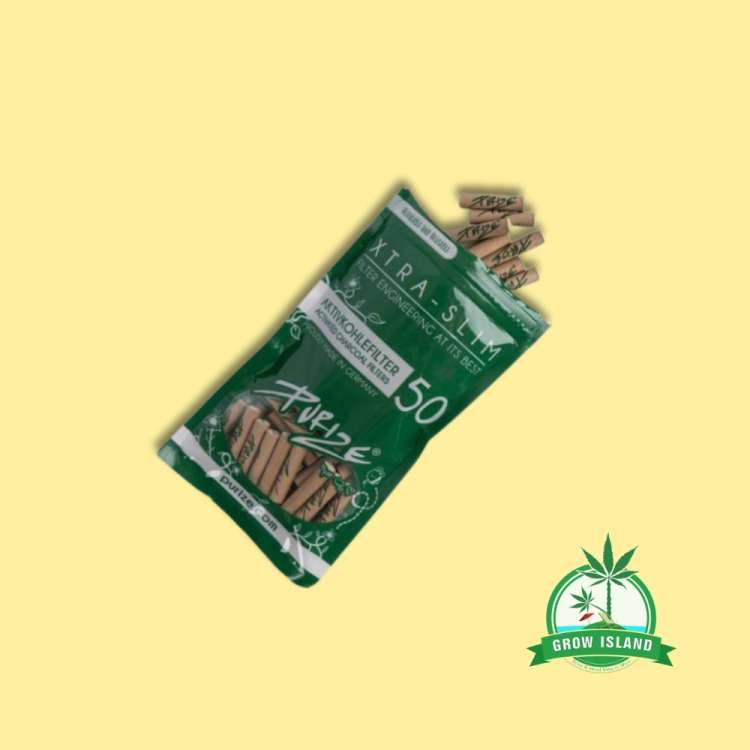Purize Xtra slim Organic  filter with yellow background and green Grow Island logo in the right lower corner