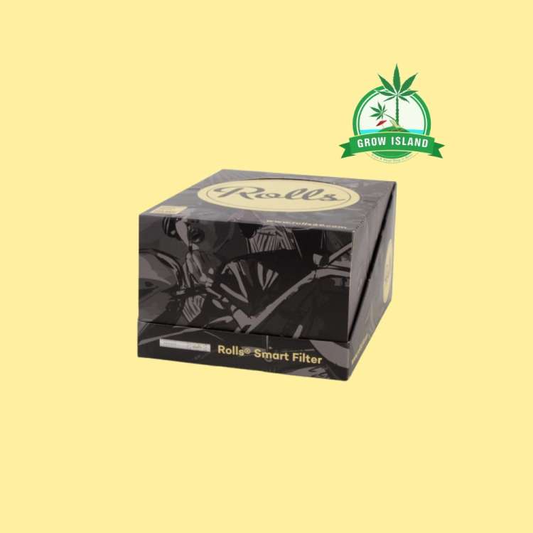 black rolls smart filter XL paper box with yellow background and green grow island logo in the right upper corner